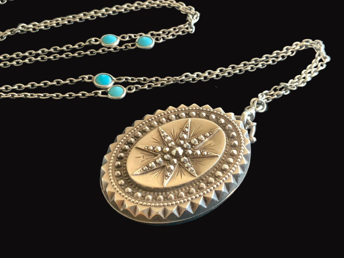 Antique 1876 T&Co Victorian North Star Locket Pendant Sterling Silver 925 Turquoise Longuard Necklace