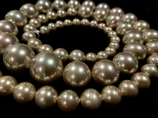 Champagne Rainbow Lustre Faux Pearl Vintage Opera Necklace 925 Silver Clasp