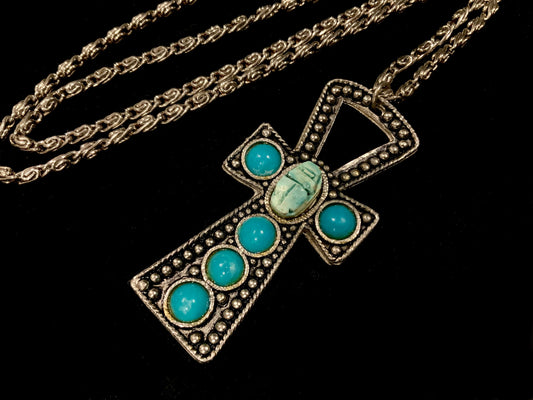 Huge Egyptian Ankh Pendant Necklace Silver & Turquoise Scarab