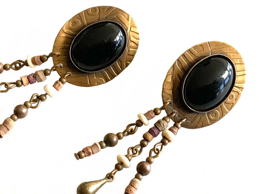 Large Vintage Tribal Black Onyx Cabochon Bronze Dangle Earrings