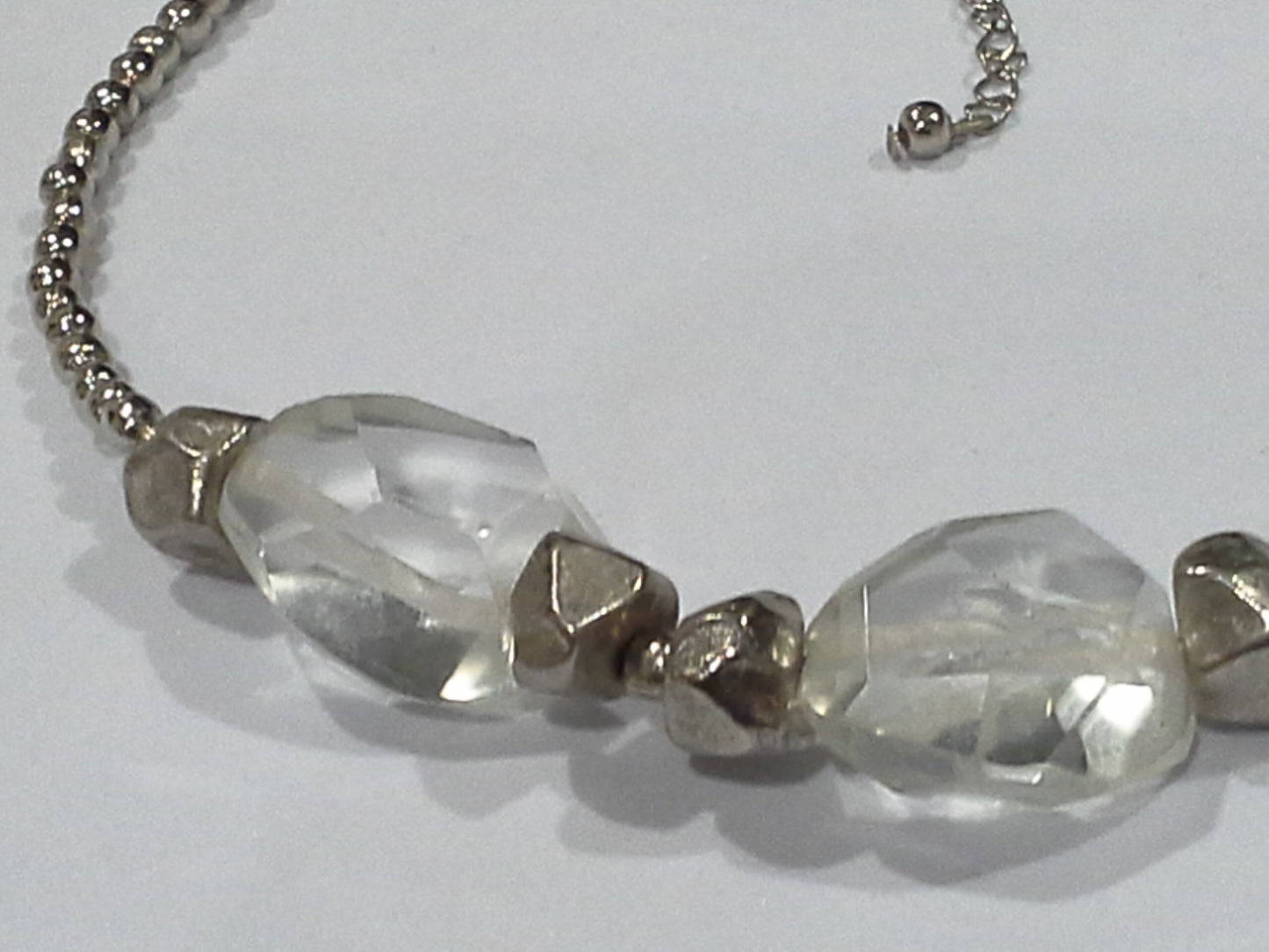 Clear Rock Crystal Glass & Silver Metal Bead Collar Necklace