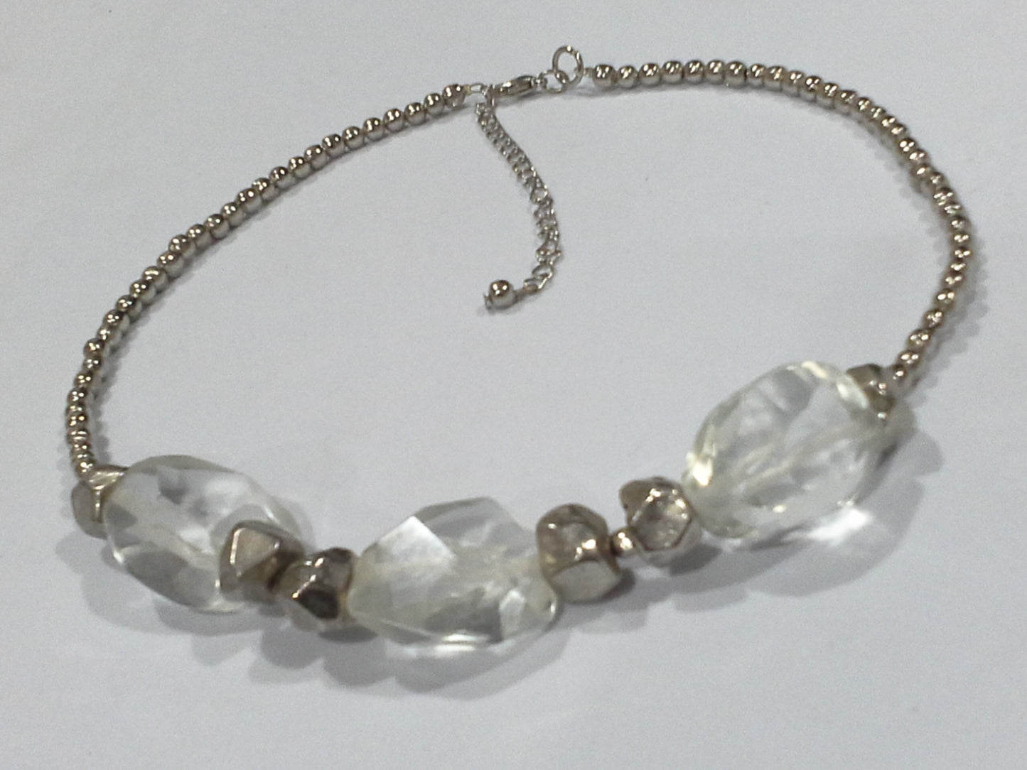 Clear Rock Crystal Glass & Silver Metal Bead Collar Necklace