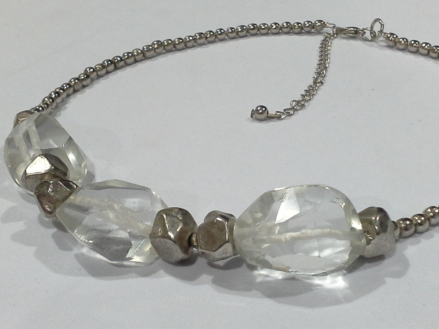 Clear Rock Crystal Glass & Silver Metal Bead Collar Necklace