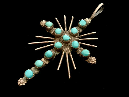 Large Vintage Zuni Cross Pendant Tribal Turquoise & Silver