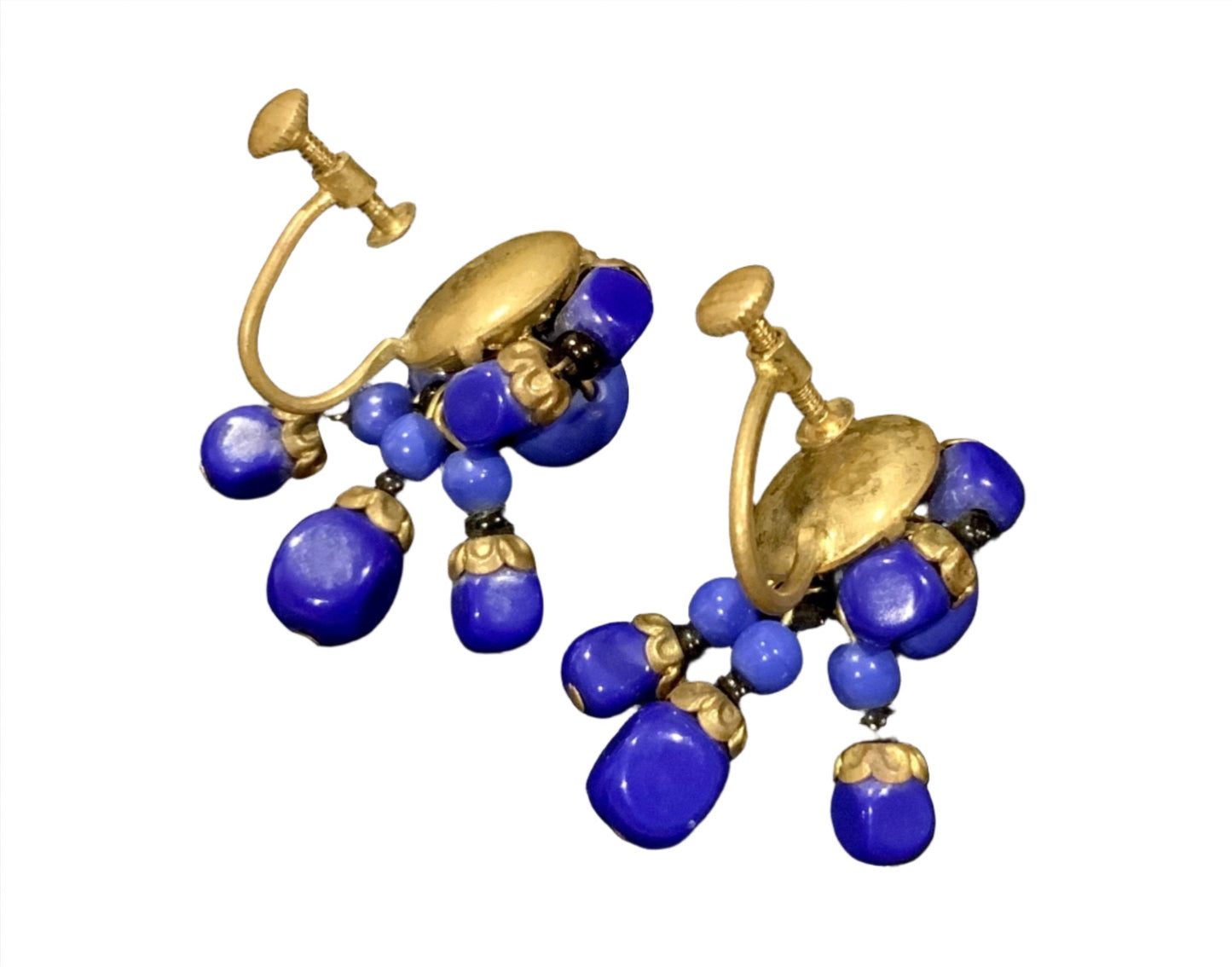 Art Deco Blue Glass  Bead & Brass Dangle Earrings