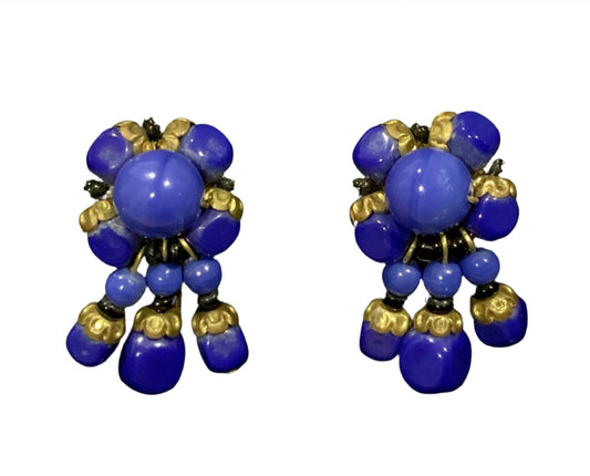 Art Deco Blue Glass  Bead & Brass Dangle Earrings