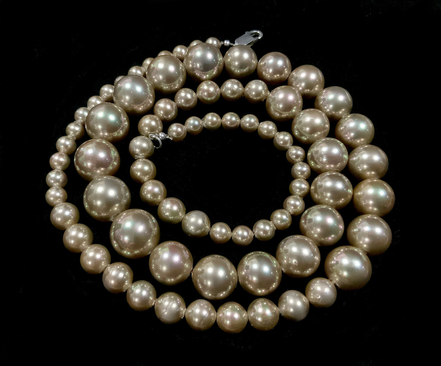 Champagne Rainbow Lustre Faux Pearl Vintage Opera Necklace 925 Silver Clasp