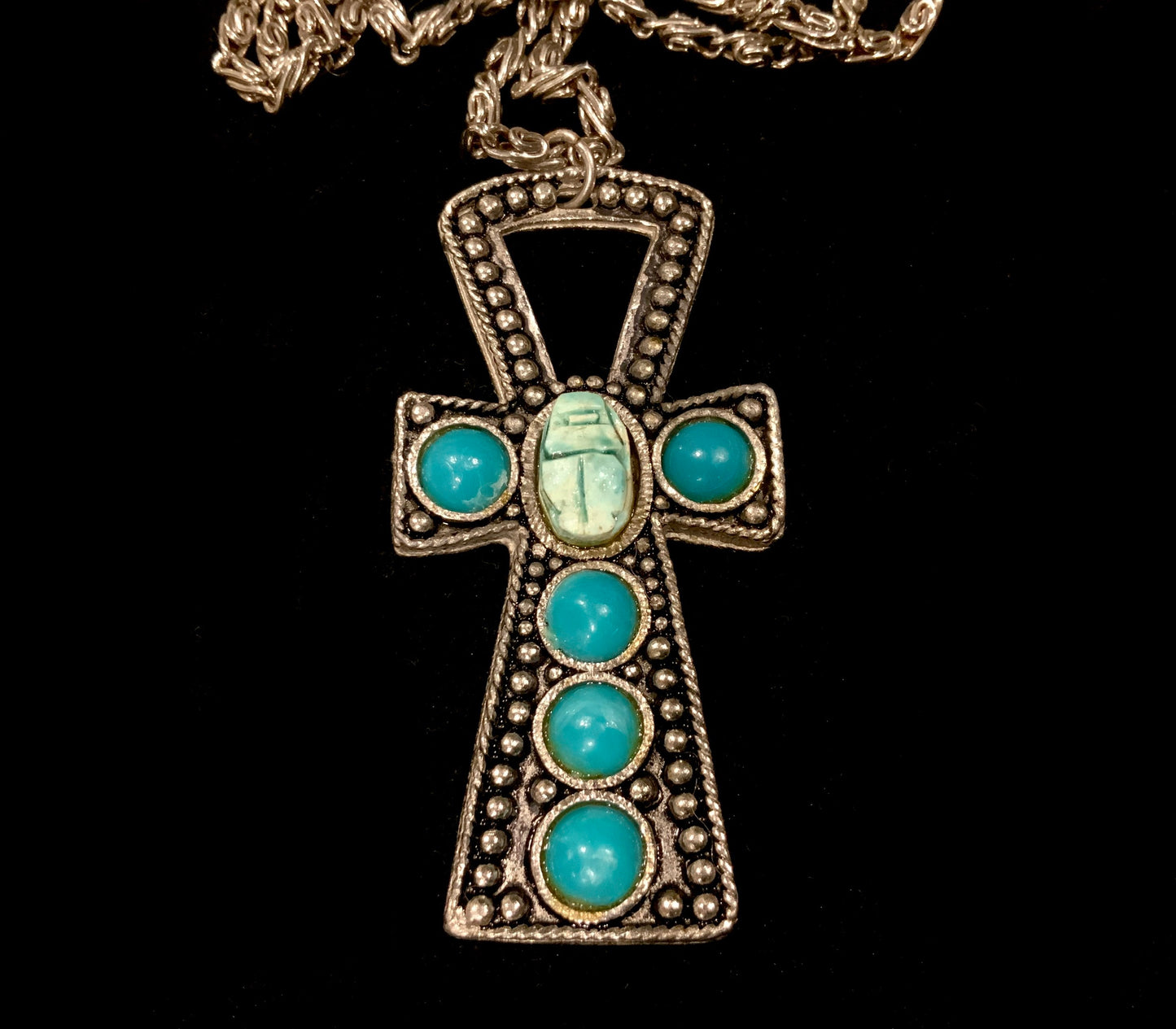 Huge Egyptian Ankh Pendant Necklace Silver & Turquoise Scarab