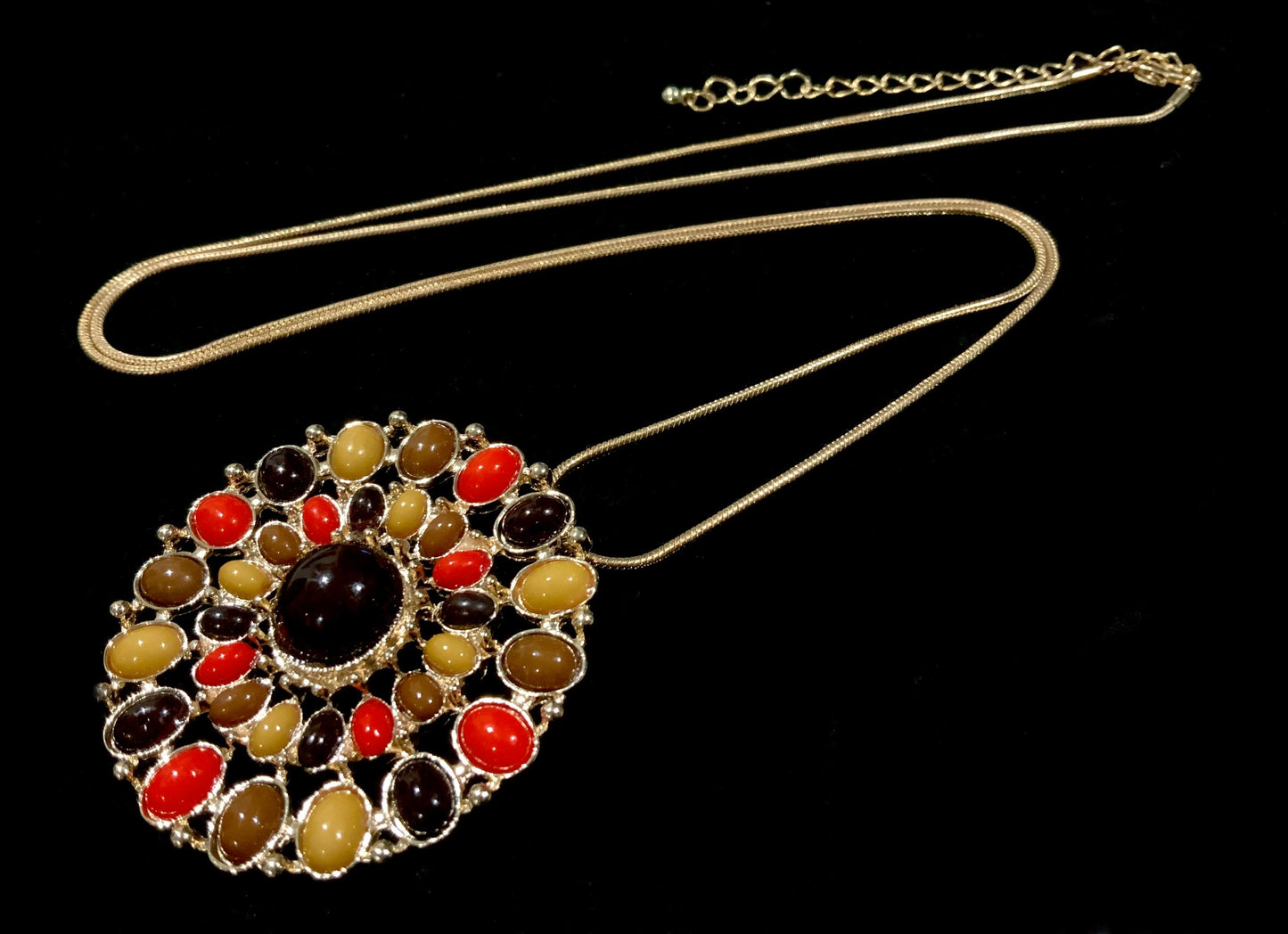 Large Whimsical Orange & Brown Retro Pendant Gold Tone Necklace