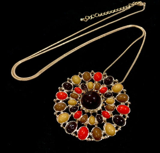 Large Whimsical Orange & Brown Retro Pendant Gold Tone Necklace
