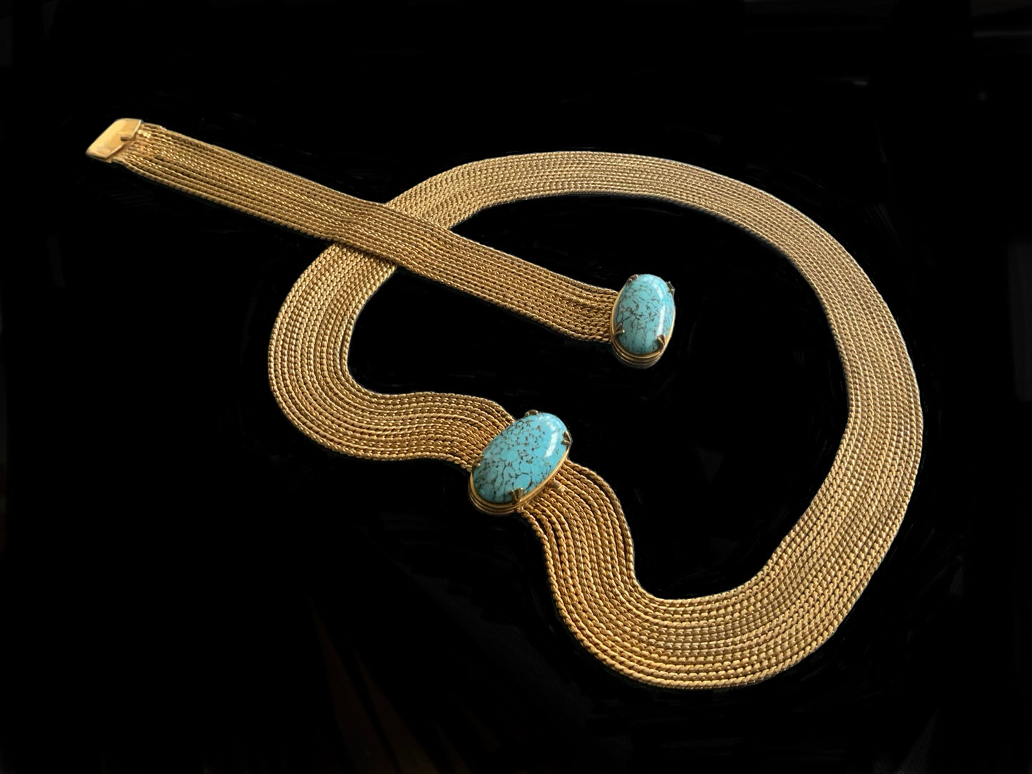 Fabulous Turquoise & Gold Chain Festoon Necklace & Bracelet Demi Parure Mid Century