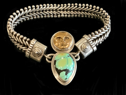 Tabra Sterling Silver Turquoise Connector Charm & Wheat Tribal Bracelet
