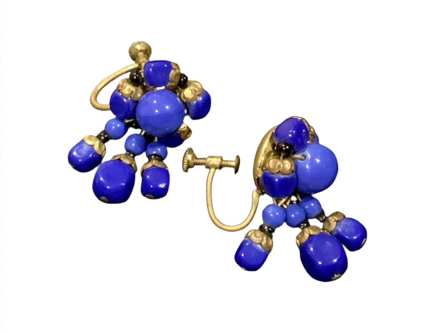 Art Deco Blue Glass  Bead & Brass Dangle Earrings