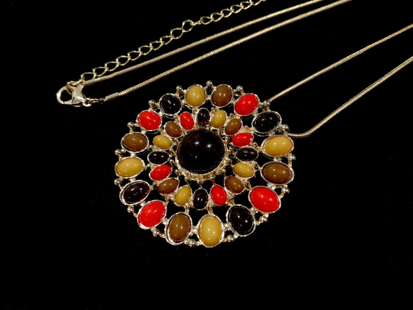 Large Whimsical Orange & Brown Retro Pendant Gold Tone Necklace