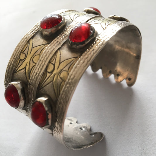 Vintage Turkman Silver & Red Glass Bead Cuff Bracelet